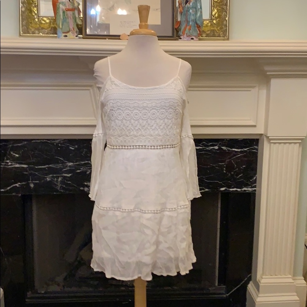 White muslin w/crochet lace off shoulder dress